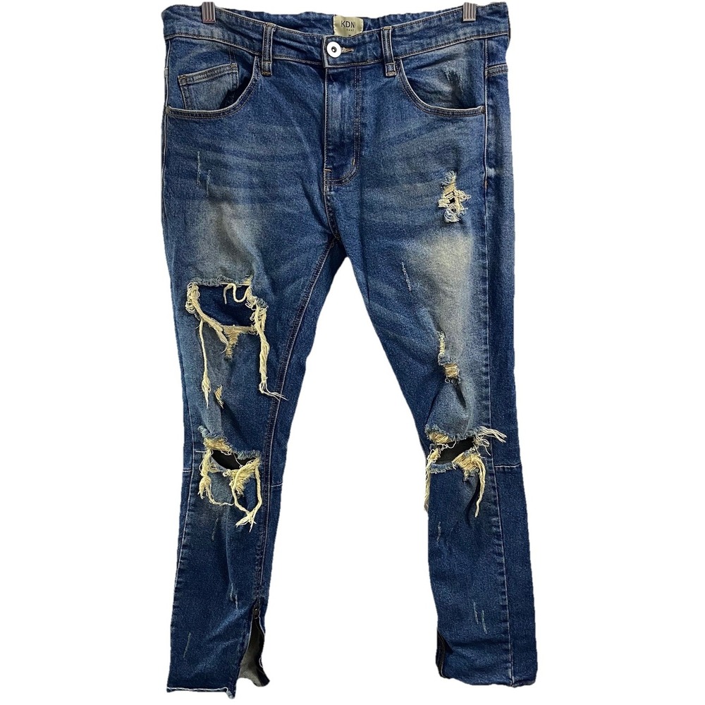 KDNK 11 41 11 14 Men's Distressed Thrashed Skinny Jeans Tapered-Zip Hem Sz.36x31